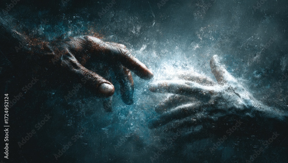 Fototapeta premium Two hands reaching, ethereal connection