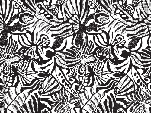 Intricate black and white floral and butterfly pattern, showcasing various shapes and textures in a seamless design.