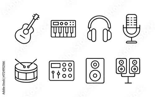 Music instruments and audio equipment icons set. Guitar, keyboard, drum, microphone, headphones, speakers and mixer. Outline vector illustrations