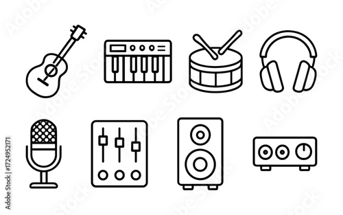 Music instruments and audio equipment icons set. Guitar, keyboard, drum, microphone, headphones, speakers and mixer. Outline vector illustrations
