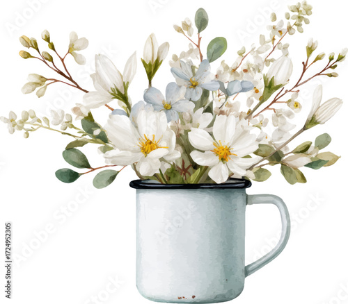 
Watercolor white wildflowers in an enamel mug, cottagecore-style illustration on a solid, pure white background, watercolor clipart.
