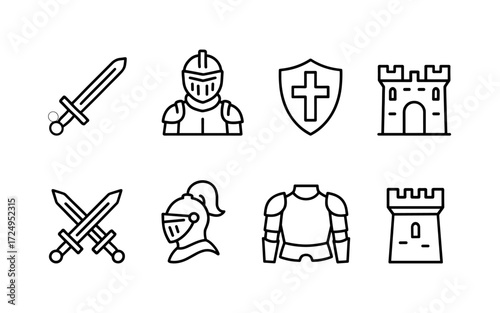 Medieval knight and castle icons set. Armor, sword, shield and fortress. Outline vector illustrations