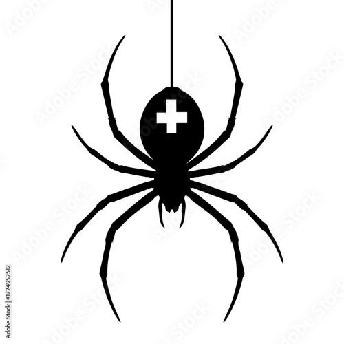 Black and white silhouette black widow spider. Dangerous insect on white background. Festive decoration for party, invitation, card or poster. Halloween.
