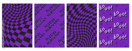 Halloween y2k aesthetic backgrounds with purple and black distorted checkerboard patterns and pixel text phrases. Retro digital designs for spooky season with warped grids and nostalgic computer style