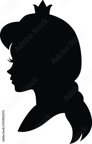 princess tiara hair bun silhouette, minimalist line art black and white portrait, elegant female profile
