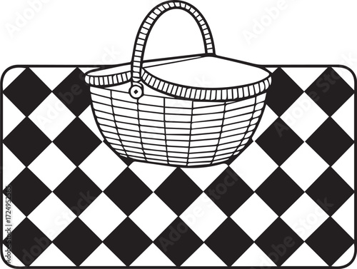 Wicker picnic basket sitting on black and white gingham blanket ready for outdoor adventure