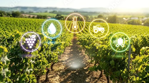 Vineyard with digital overlays of grapes, water, temperature, tractor and sprayer.