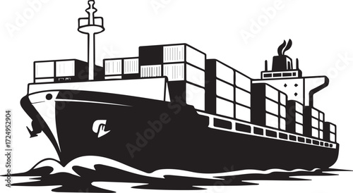 Dramatic silhouette of a large cargo ship navigating the waves at sea for global trade logistics
