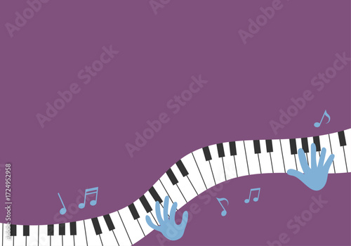 Vector illustration of a background frame material with piano keys, playing hands, and musical notes - horizontal