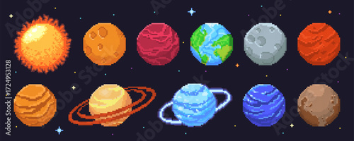 Pixel planet solar system set for space game - celestial bodies with Sun, rocky worlds, gas giants and ringed spheres. Cosmic set with stars, orbits and astronomical objects for astronomy design.