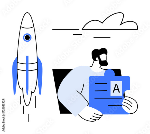 Rocket launching upward and man holding a puzzle piece with text next to cloud. Ideal for innovation, teamwork, creative solutions, startup concepts, productivity, collaboration, simple flat metaphor