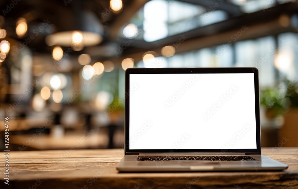 Laptop with a blank screen on a wooden table in a blurred, bright cafe.