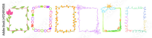 Colorful kid drawn frame borders with crayon star shapes, flowers and scribbles for children art decoration. Rainbow rectangles with sun, clouds and geometric patterns for playful craft school project