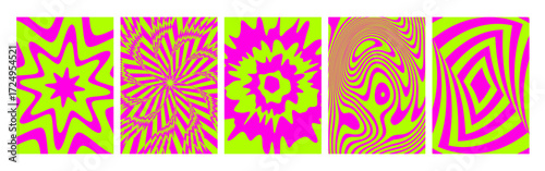 Hypnotic color retro patterns collection with psychedelic designs - neon pink and lime green swirls, starburst rays, wavy lines for posters or backgrounds. Vibrant groovy vintage artwork set.