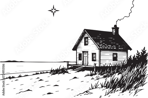 Coastal Refuge: A tranquil monochrome illustration showcases a charming coastal cottage nestled beside the sea, a beacon of serenity under the vast sky.