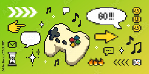 Game pixel y2k retro controller with colorful buttons, speech bubbles, arrows and emoticons on bright green background. Music notes, smiling faces and interface elements for nostalgic arcade design.