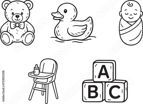 Playtime Treasures: Adorable line art featuring a teddy bear, a rubber duck, a swaddled baby, a high chair with a bottle, and wooden blocks.