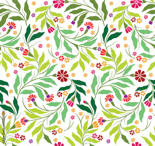 Floral pattern featuring colorful leaves and flowers on a clean white background repeat design