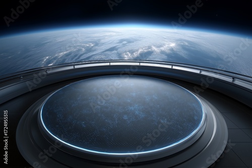 Space station observation deck offers an expansive view of the Earth from orbit, providing a futuristic setting for scientific research and cosmic exploration themes in high technology.
