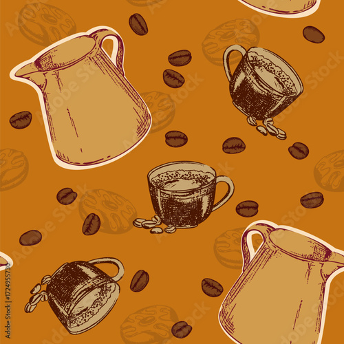 A coffeethemed seamless pattern with cups and beans