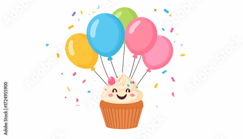 Colorful balloons and confetti with cute smiling cupcake
