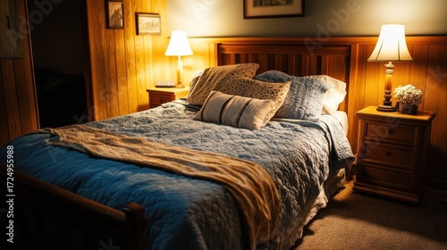Serene bedroom ambience featuring a well-made bed with soft lighting and rustic wooden details