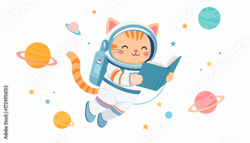 Cute cartoon cat astronaut floating in zero gravity