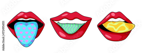 Pop art mouth illustrations with sexy retro tongues - blue hearts pattern, green waves and yellow blobs with glossy red lips. Playful expressions for fashion beauty branding or contemporary designs.