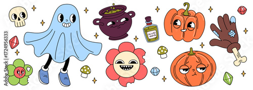Groovy Halloween characters with ghost and skull, witch cauldron, pumpkins and spooky flower on white background. Poison bottle and mushrooms, crystals and skeletal hand in retro festival collection