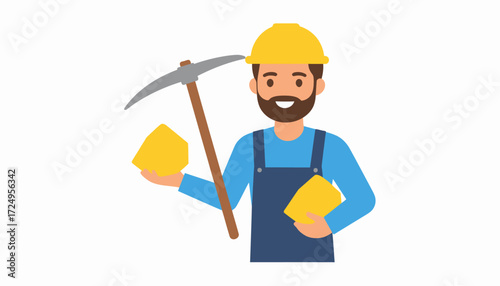 cute cartoon gold miner holding a shiny golden nugget and pickaxe