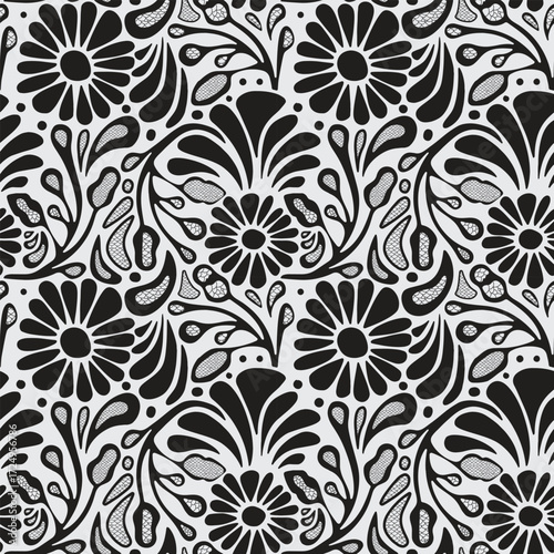 Black and white floral pattern featuring various flowers and leaves in a repeating design.