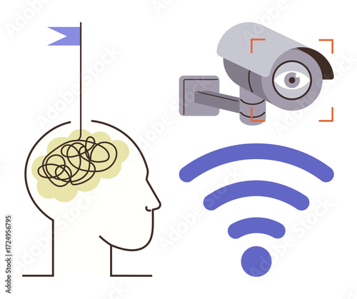 Persons head with tangled lines in the brain, surveillance camera with focus indicators, and a wireless signal icon. Ideal for technology, surveillance, privacy, mental health, innovation