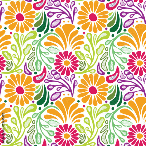 A bright and cheerful floral pattern with an assortment of flowers and leaves in various colors against a soft backdrop, repeat surface design