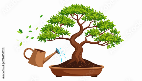 Mini bonsai tree with tiny watering can 