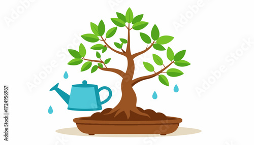 Mini bonsai tree with tiny watering can 