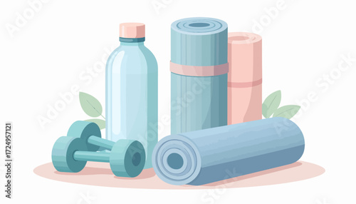 Minimal flat vector illustration of yoga mat, water bottle, and dumbbells