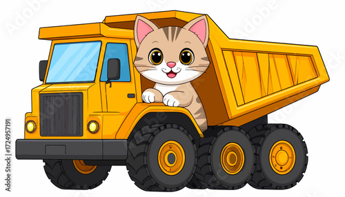 Playful cartoon cat driving a giant mining dump truck