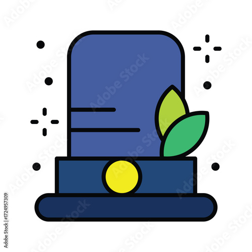 Blue hat with green leaves and yellow dot surrounded by black dots and crosshairs