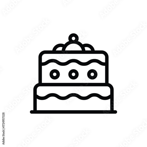 A 2tiered cake with wavy lines circles and a ball on top all in black outlines