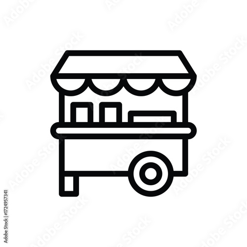 A black and white line art icon of a food cart with a canopy boxes and a wheel