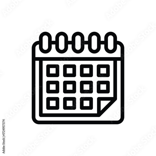 A black outline of a calendar featuring looped binding at the top a grid of squares and a foldedover page corner
