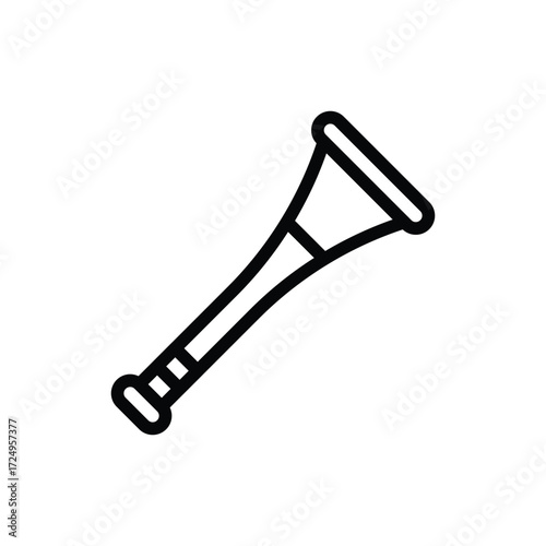A black line drawing of a stylized bugle