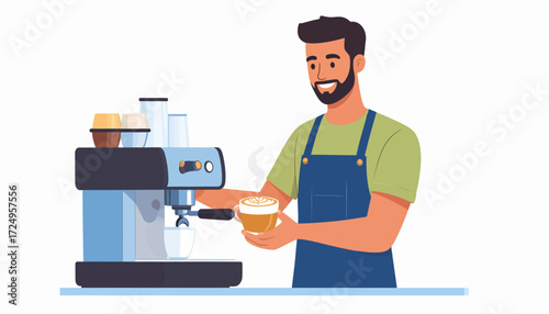 Smiling barista making latte art with steaming coffee cup