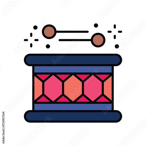 A drum with geometric patterns is played by two drumsticks accompanied by musical sparkles