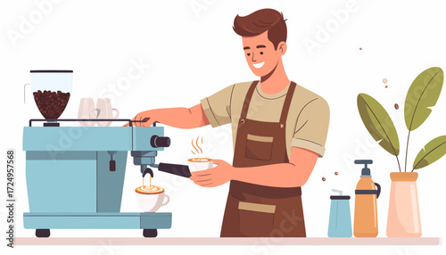 Smiling barista making latte art with steaming coffee cup