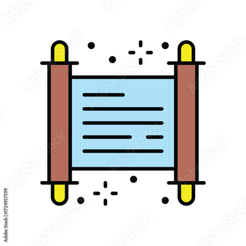 A flatdesign illustration of a scroll featuring a blue document with black lines flanked by brown and yellow rods surrounded by black dots and sparkle designs