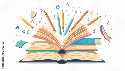 Stack of open books with flying letters and pencils