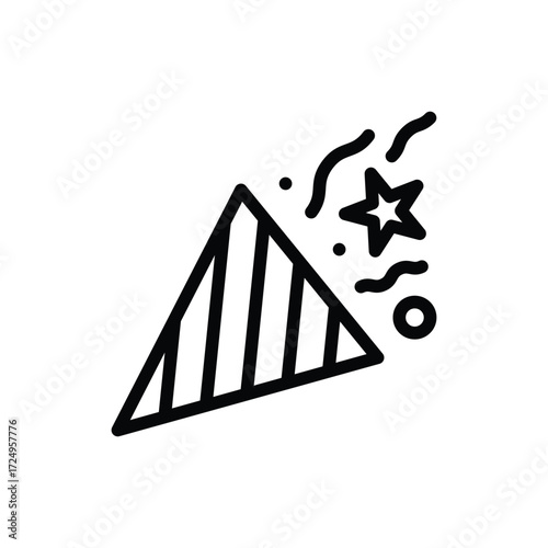 A stylized line drawing of a party popper with stripes a star confetti and streamers emerging from it