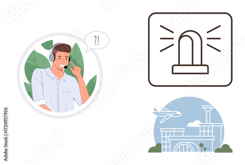 Male operator wearing headset responding to emergency in airport context, alert signal, and airport terminal. Ideal for aviation, emergency handling, communication, service, travel, logistics