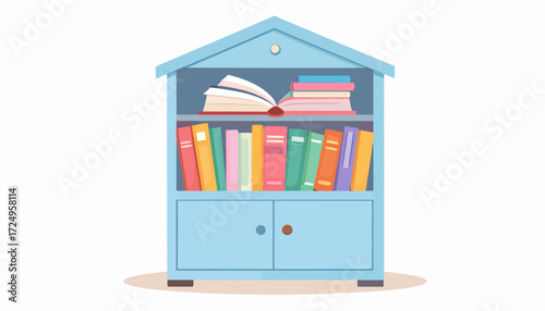 Tiny street library box filled with colorful books